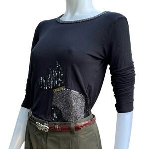 Vintage Women Black Sequin Scottie Dog Graphic Long Sleeve Top‎ Sparkly Y2K USA